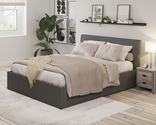 Fabric ottoman end lift bed frame. Low cost ottoman with easy assembly.