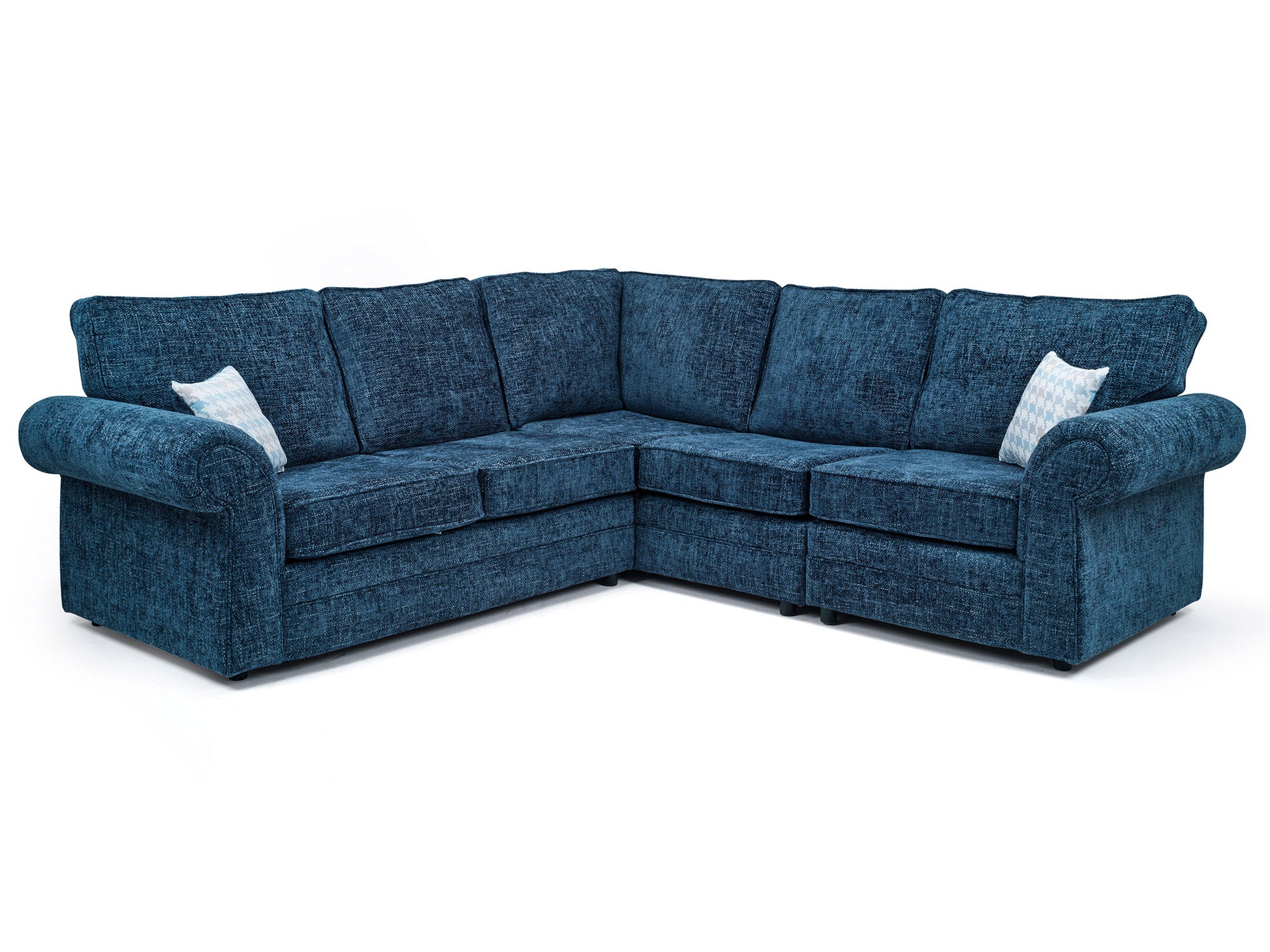 Davina 2 armed corner sofa in a marine blue. hard wearing and low cost.