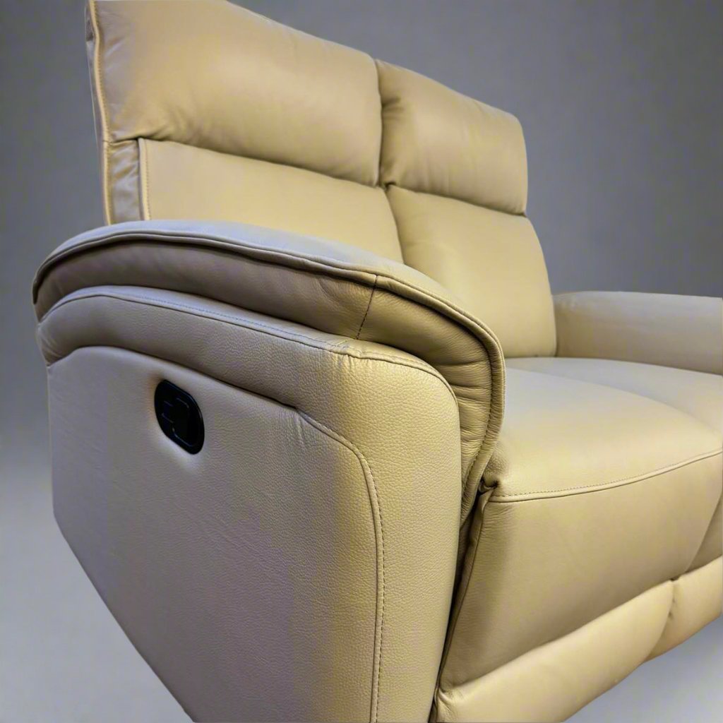 side profile of the Milan Italian Leather reclining sofa. 2 seater. Genuine leather in. Frost Grey. Pictured in manual reclining.