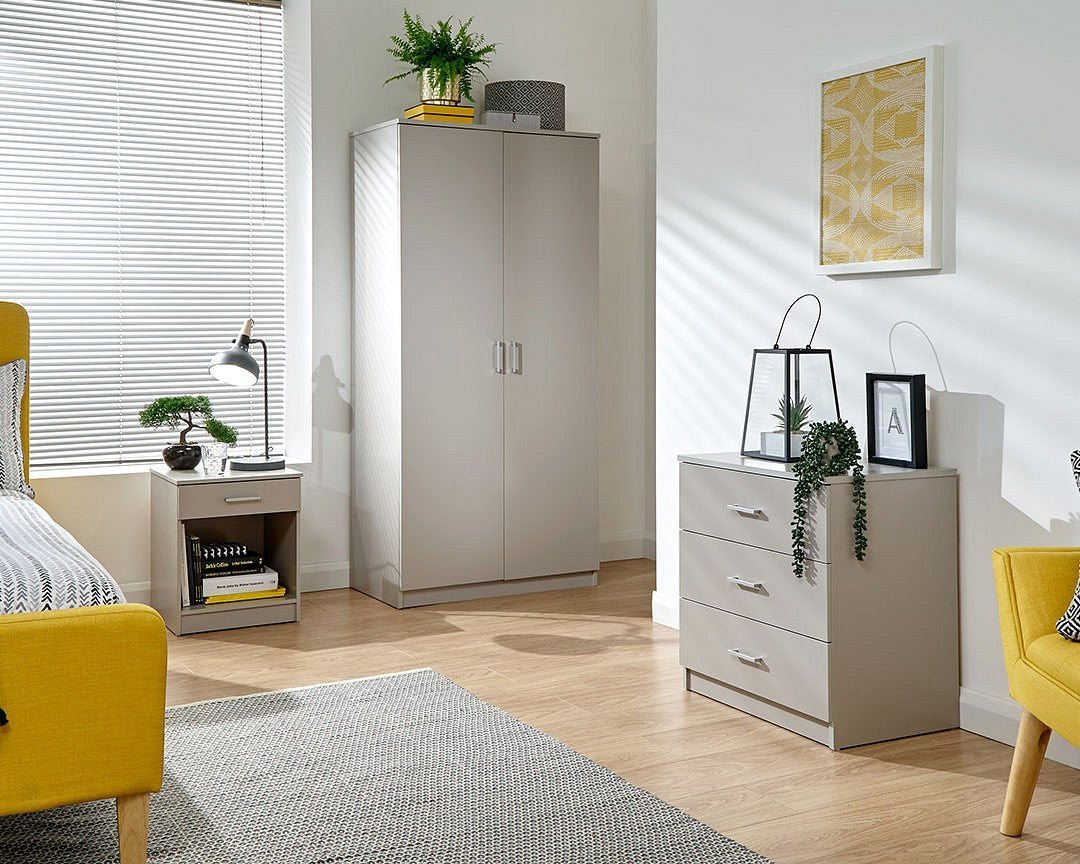 budget low cost bedroom set. Easy assembly option for your bedroom. Bundle includes 2-door wardrobe, one drawer bedside table and 3 drawer chest of drawers.