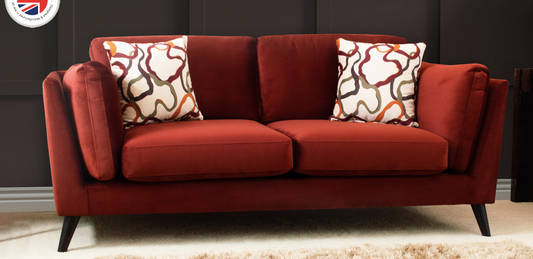 Chelsea 3 seater sofa in a beautiful oxblood plush material. Modern design. Perfect for an apartment or modern home.