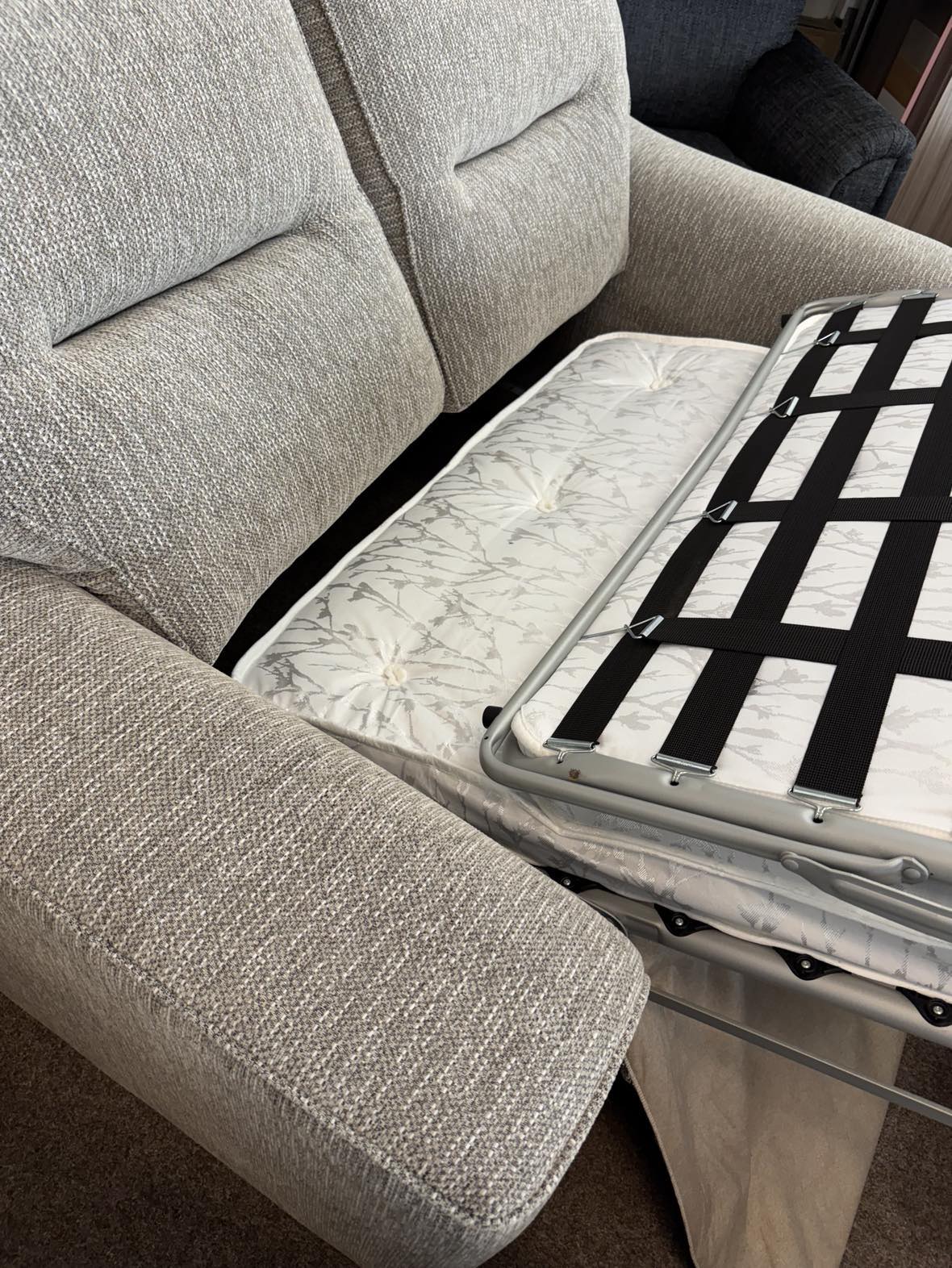 Burghley sofa bed by Sweet Dreams UK. Produced in Burnley, Lancashire. Quality sofa bed with a thick sprung mattress. High quality sofa bed mechanism for ease of use. Slatted and webbed base for extra support. Best sofa bed by Sweet Dreams UK available to buy at a 70% off RRP at official Sweet Dreams Stockist, Quality Plus Furniture. Sofa and Bed showroom located in Lancaster, Lancashire, UK.