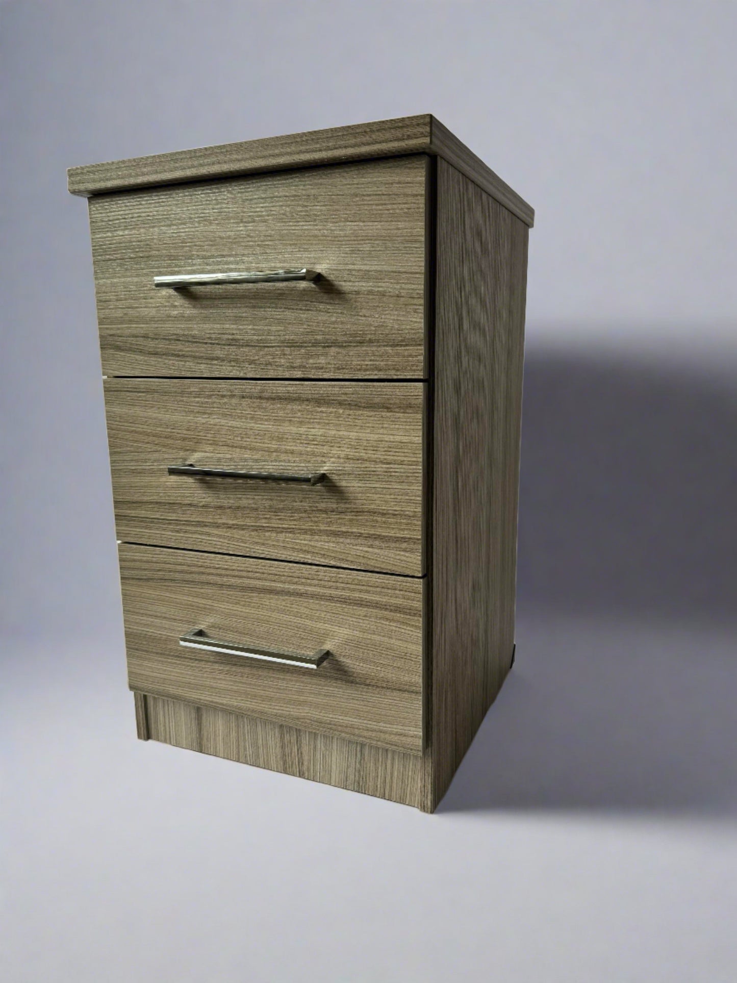 Side profile of mode bedside in driftwood finish with metal handles