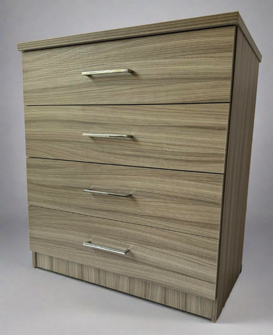 4 drawer mode chest. UK made in driftwood effect material. on wheels for easy movement