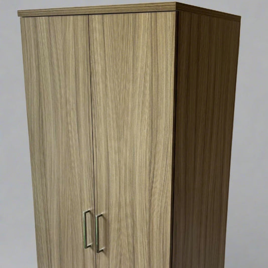 Mode 2 door wardrobe with soft close doors and metal handles. High quality wardrobe for bedroom storage in a driftwood finish.