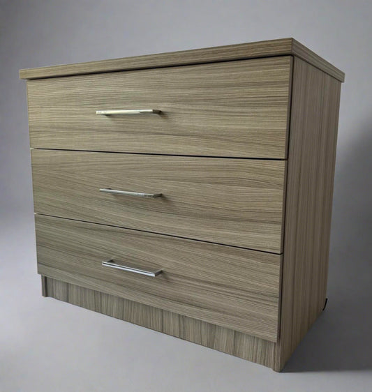 High quality Mode 3 drawer chest in driftwood finish.