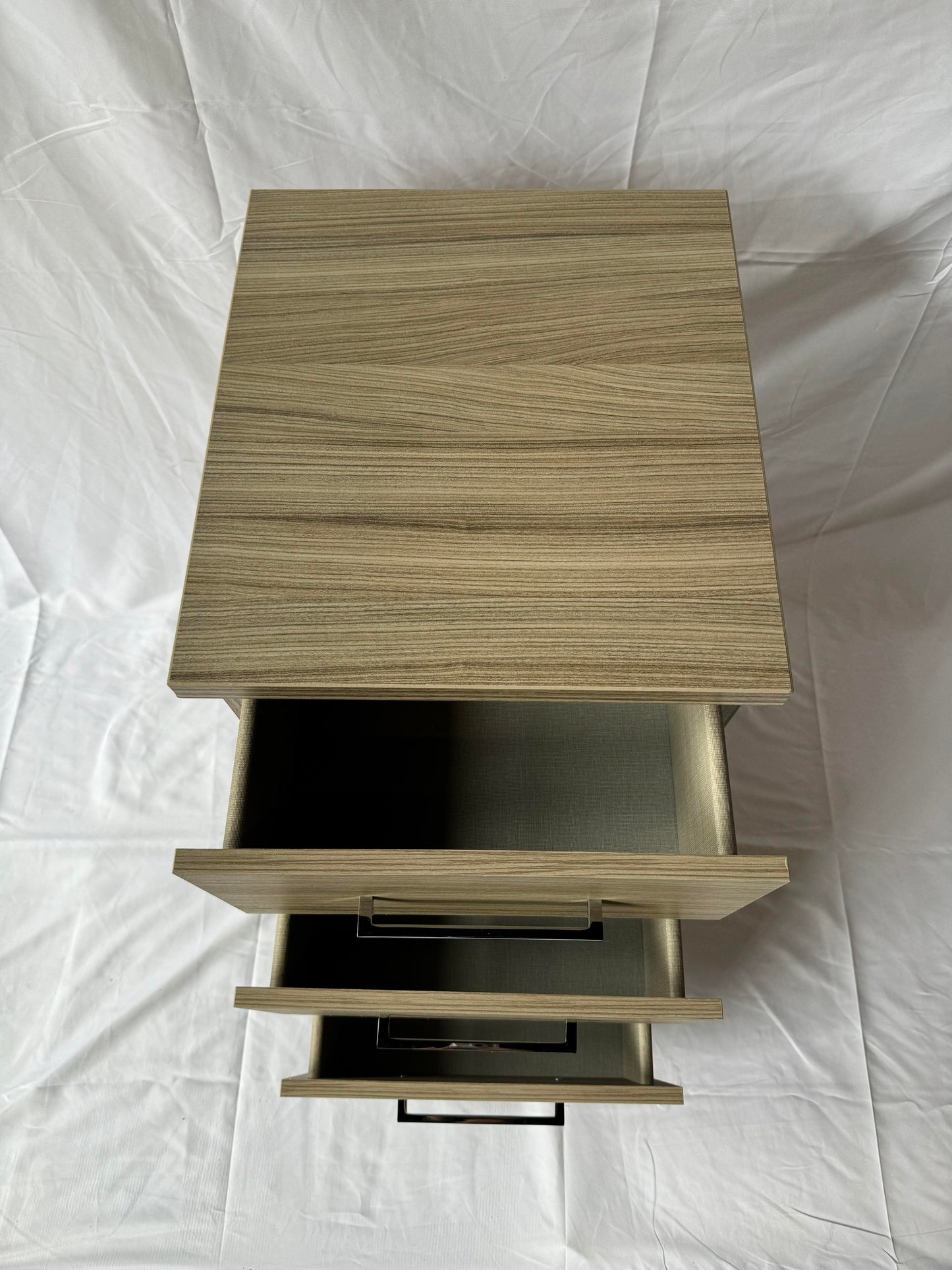 3 drawer bedside table in driftwood. High quality bedroom furniture