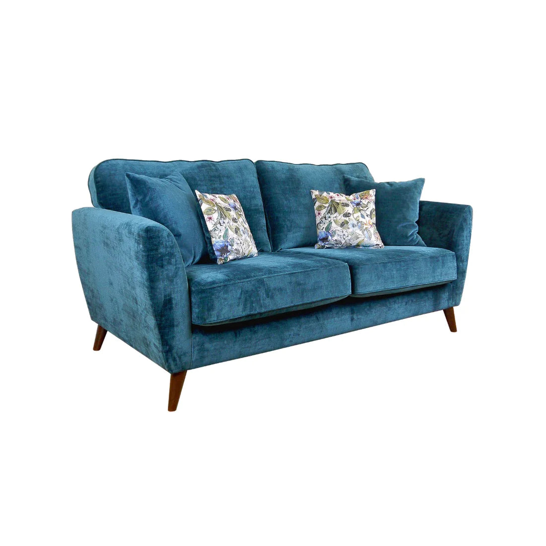 Velvet teal 3 seater sofa with stilted wooden legs