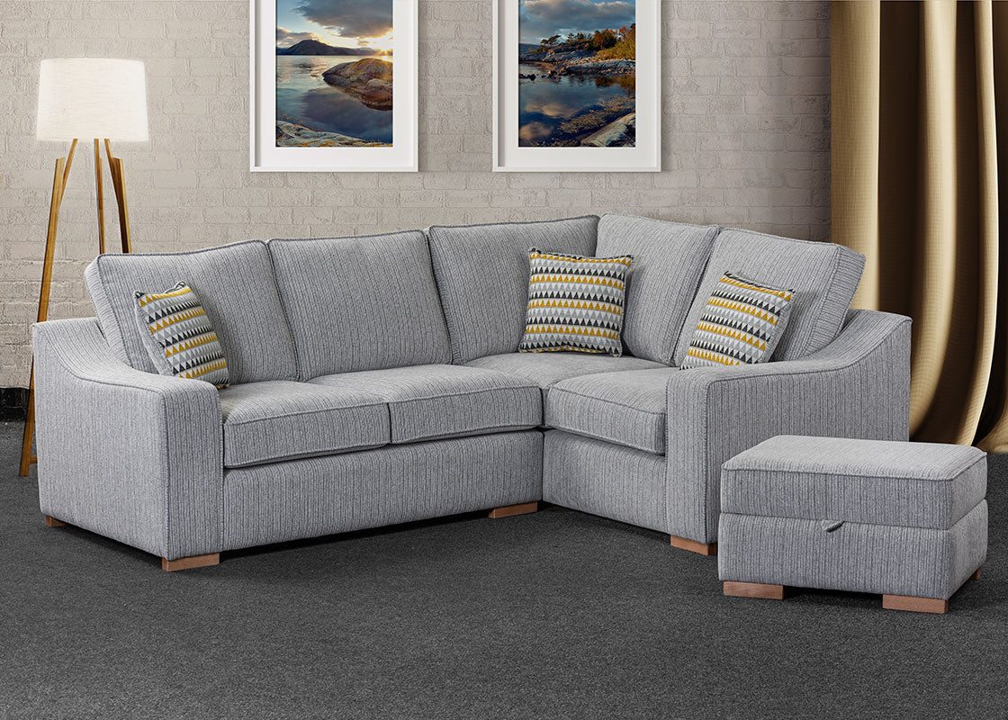 Blenheim corner sofa by sweet dreams. Solid wooden feet with free scatter cushions. Modern design sofa