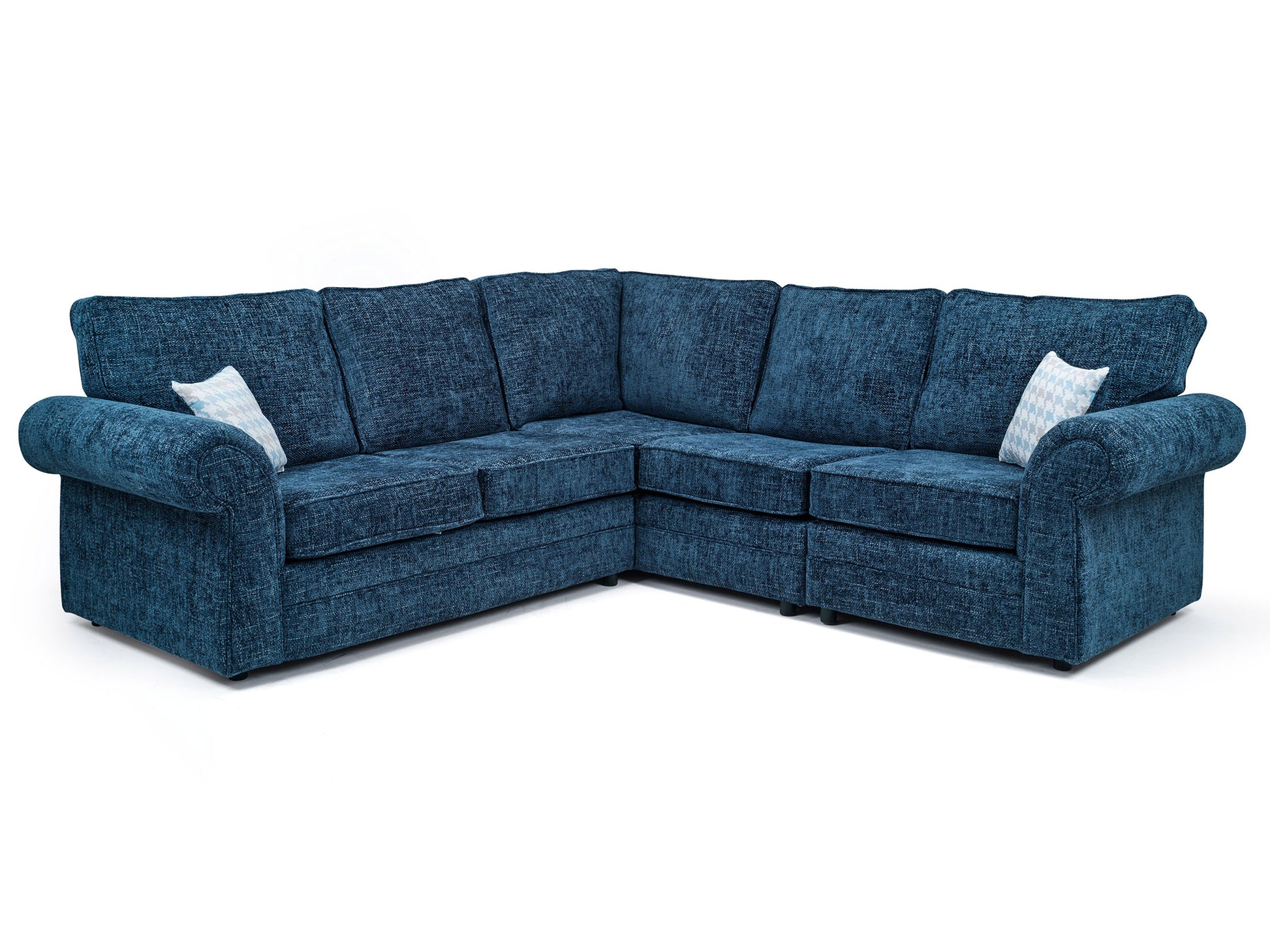 Davina 2 armed corner sofa in a marine blue. hard wearing and low cost. 