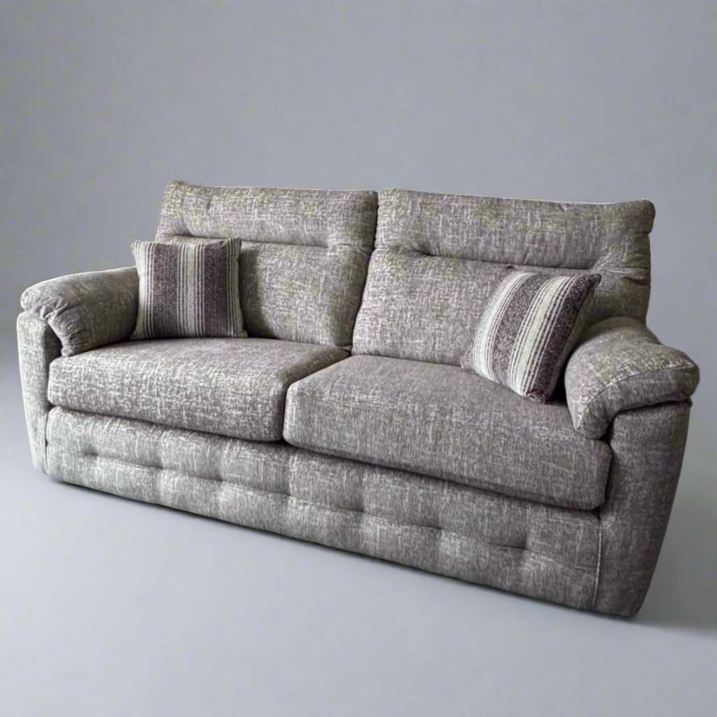 dynasty 3 seater sofa in a pebble grey with a high back for extra support. Complete with back support and cushioned arms for maximum comfort. Made to order with 5 years warranty. Available to order at Quality Plus Furniture in Lancaster & Morecambe.