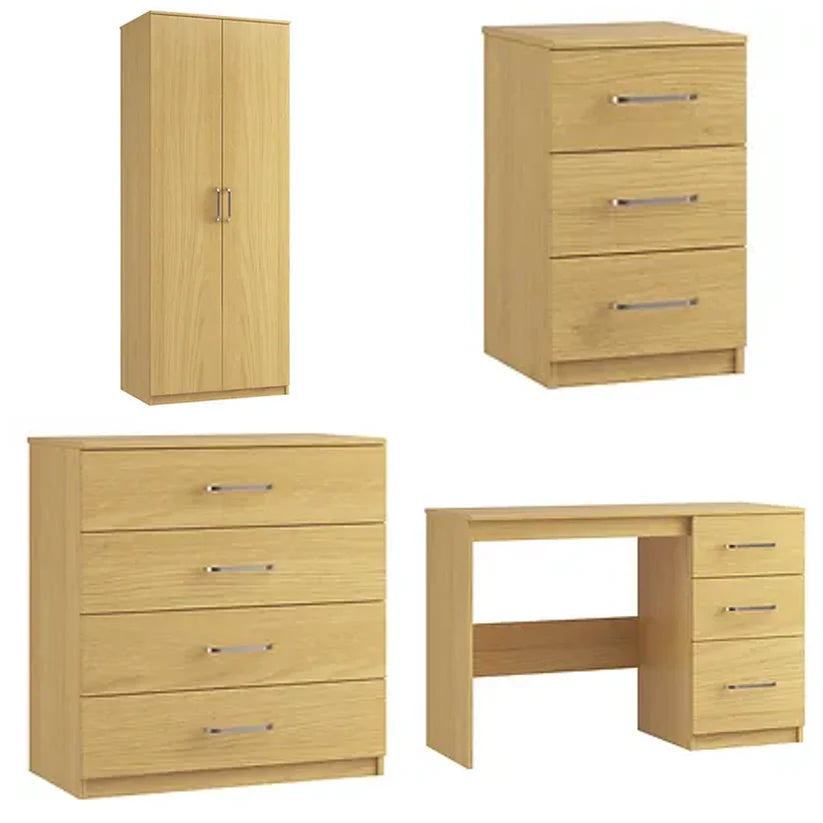 image of 2 door wardrobe with soft close doors, 3 drawer bedside, 4 drawer chest of drawers and 3 drawer single pedestal desk.