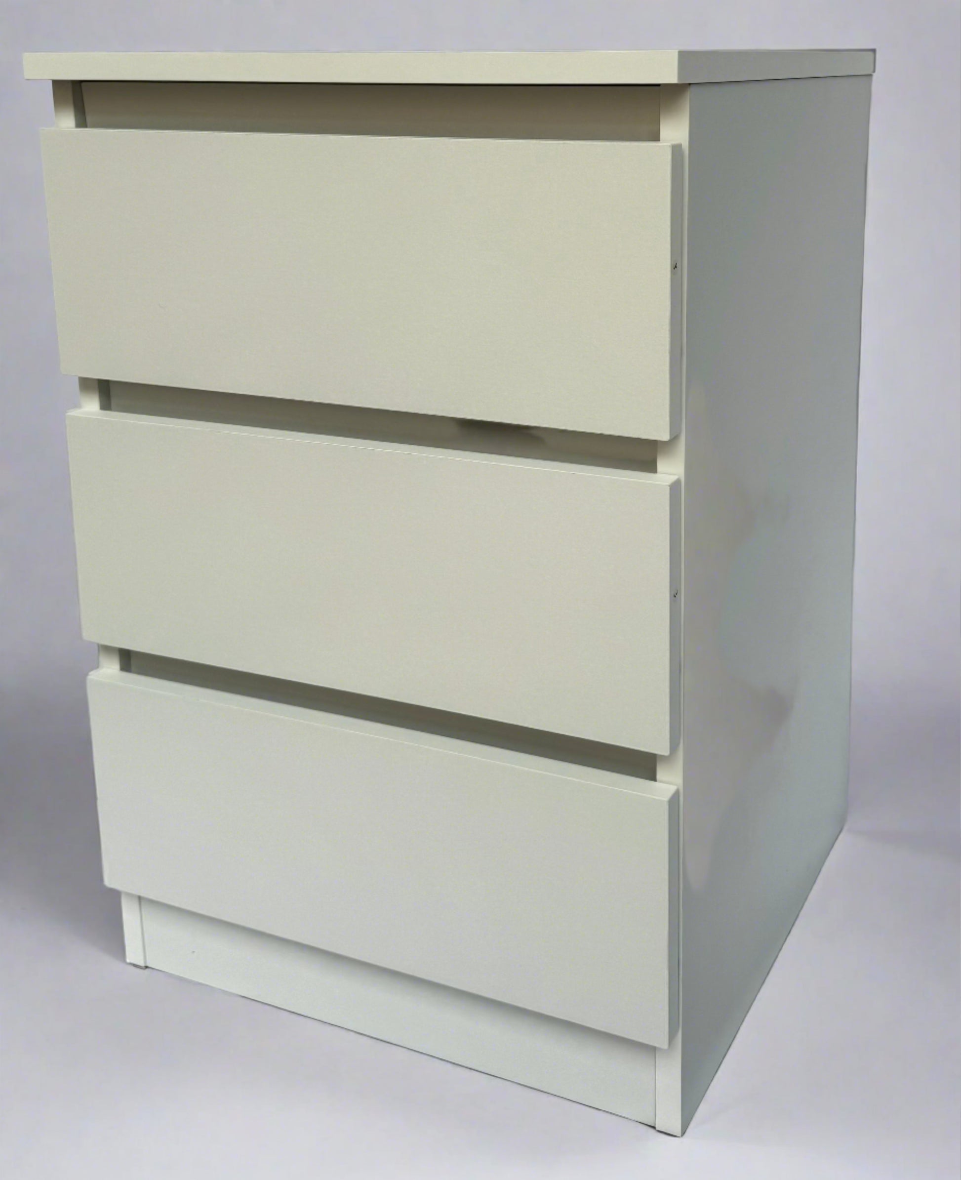 Side profile of Malve 3 drawer bedside table. Similar to Malm range.