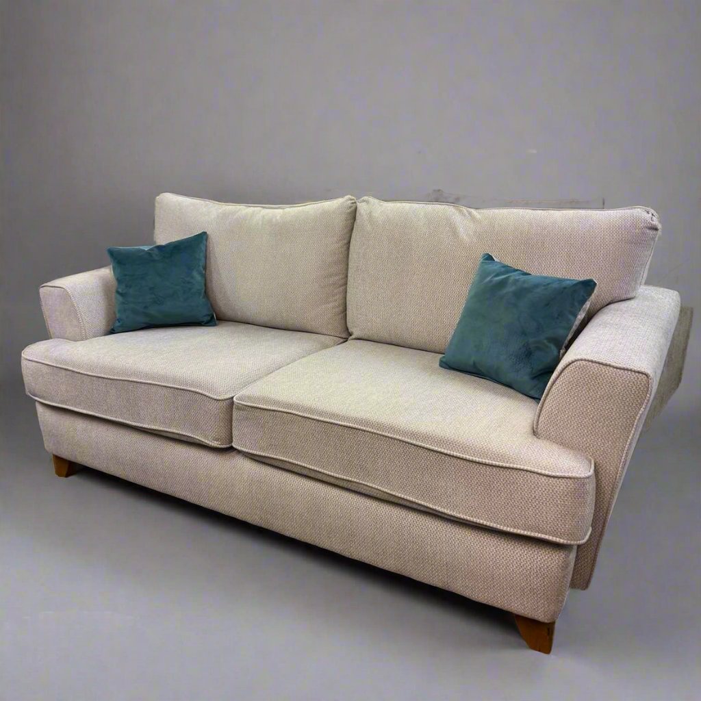 'Jessie' 3+2 sofa by ScS Living in pebble grey with FREE velvet ocean scatter cushions. Shown with solid wood feet. Clearance outlet sofas sold by Quality Plus Furniture - Lancaster and Morecambe