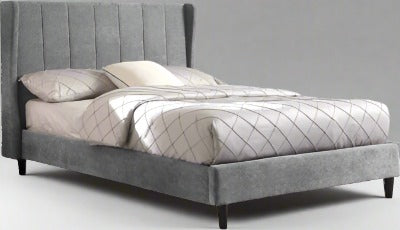 Millie velvet fabric winged bed frame in grey. Wooden feet included