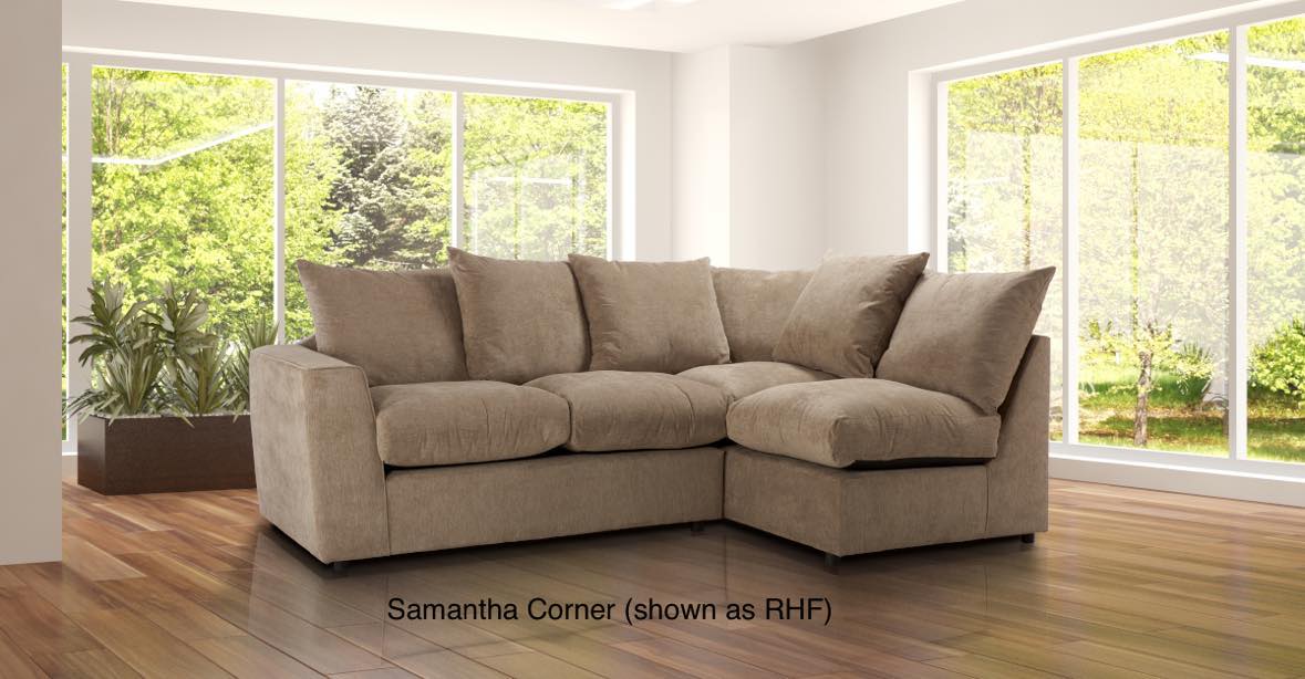 samantha corner chaise sofa by Quality Plus Furniture located in Lancaster, Lancashire. Comfortable fibre seating with robust built to last hardwood frame. Available to order in a range of colour and material options from our Lancaster & Morecambe showroom. Low cost corner sofa on sale now for £699.