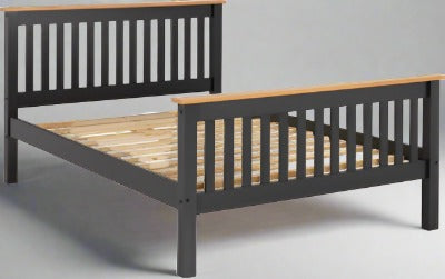 Shaker style bed frame with a high foot end. Solid wood. Grey and oak effect