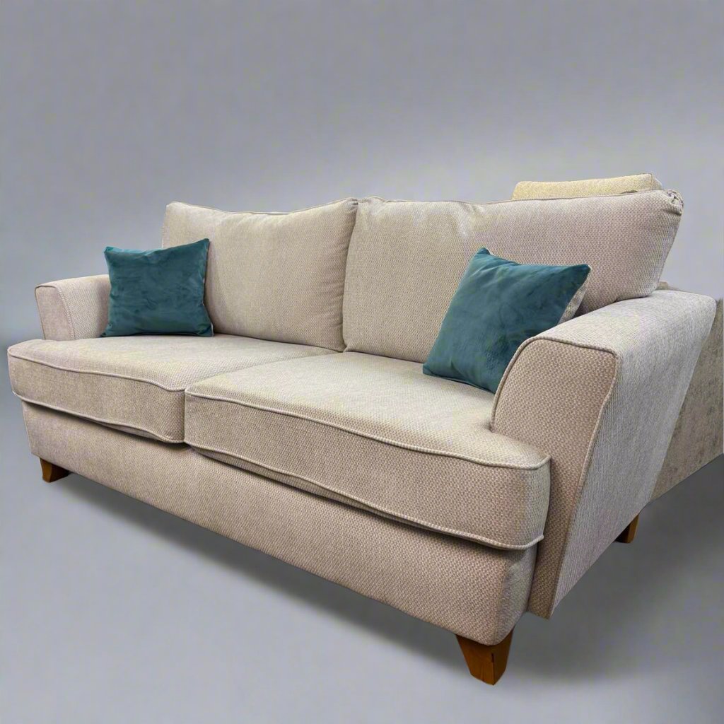 ScS Living Outlet Sofa. Model name, Jessie is a contemporary design in pebble grey. one of one sofa once its gone its gone as it is clearance heavily discounted sofa stock in Lancaster, Lancashire