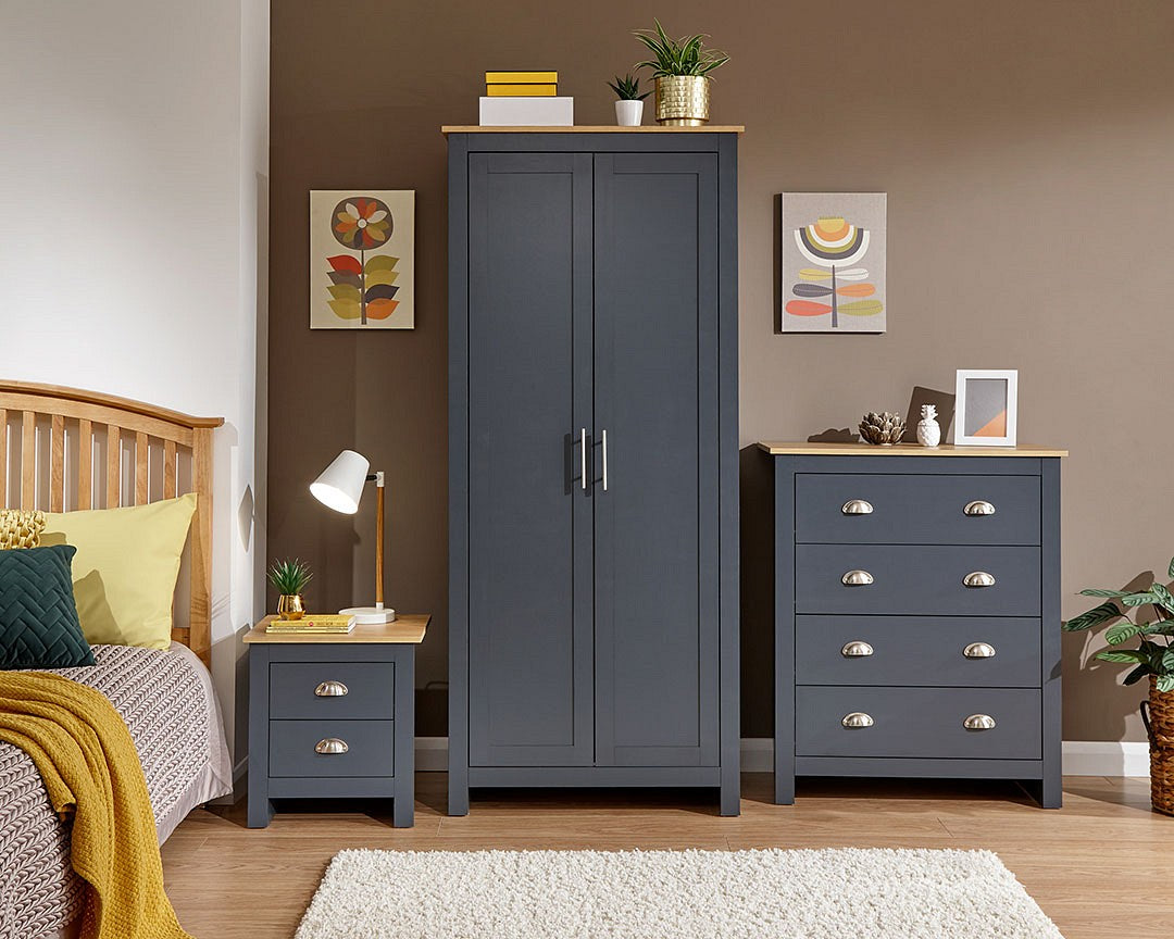 Lancaster flatpack bedroom furniture bundle in slate blue with oak effect tops.