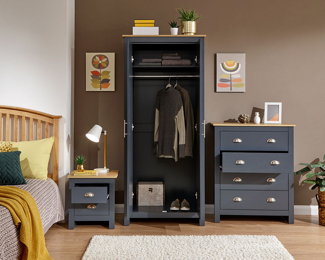 Storage in Lancaster flatpack bedroom furniture bundle. Hanging space with shelves and drawer space