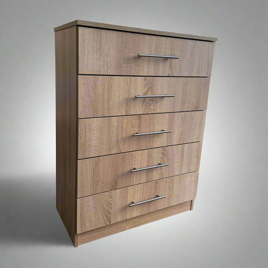 5-drawer chest of drawers designed for landlords and care residencies. These drawers are built to last with metal drawer sides and 18mm board used throughout including drawer bottoms. 