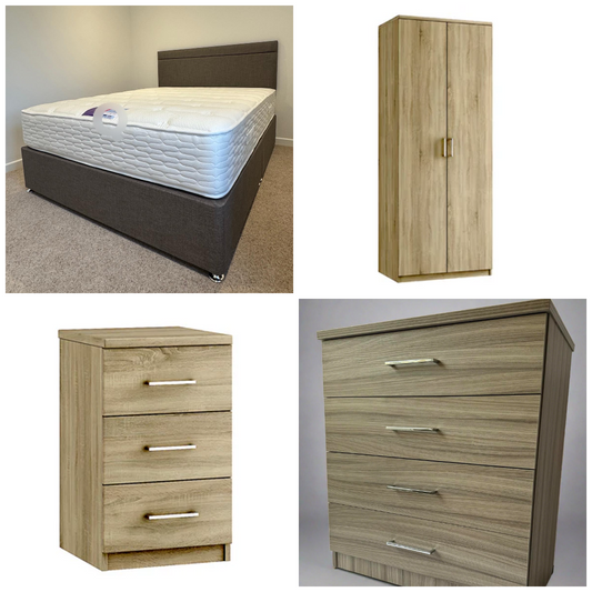 Collage of Quality Plus Furniture contract-grade bedroom set: soft-close wardrobe, 4-drawer chest, luxury orthopaedic mattress, sturdy divan base, and free strutted headboard for durable comfort and style.