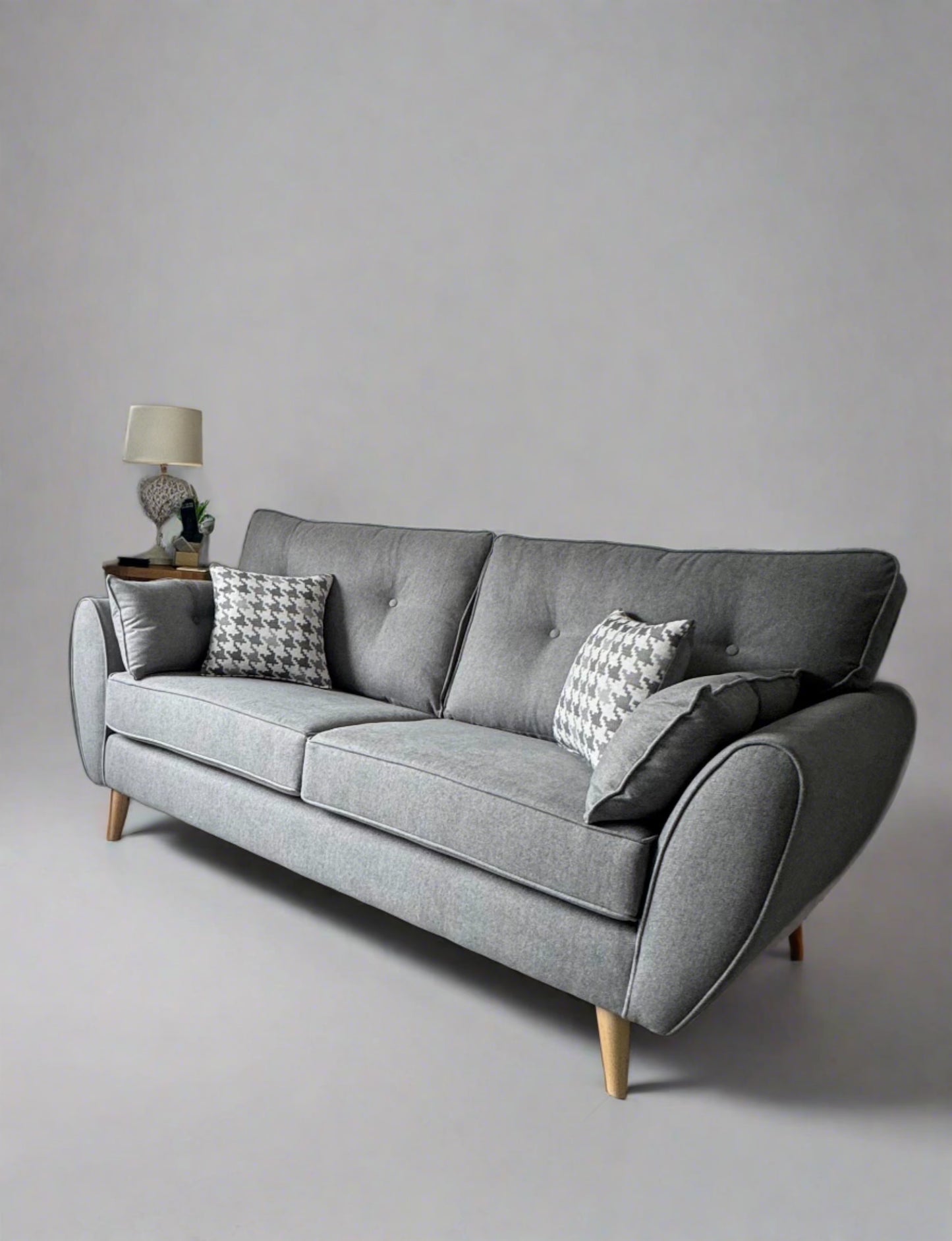 Olive 3 seater sofa in a beautiful grey shetland material, with oak legs. Similar to Zinc. Comes complete with scatter cushions free