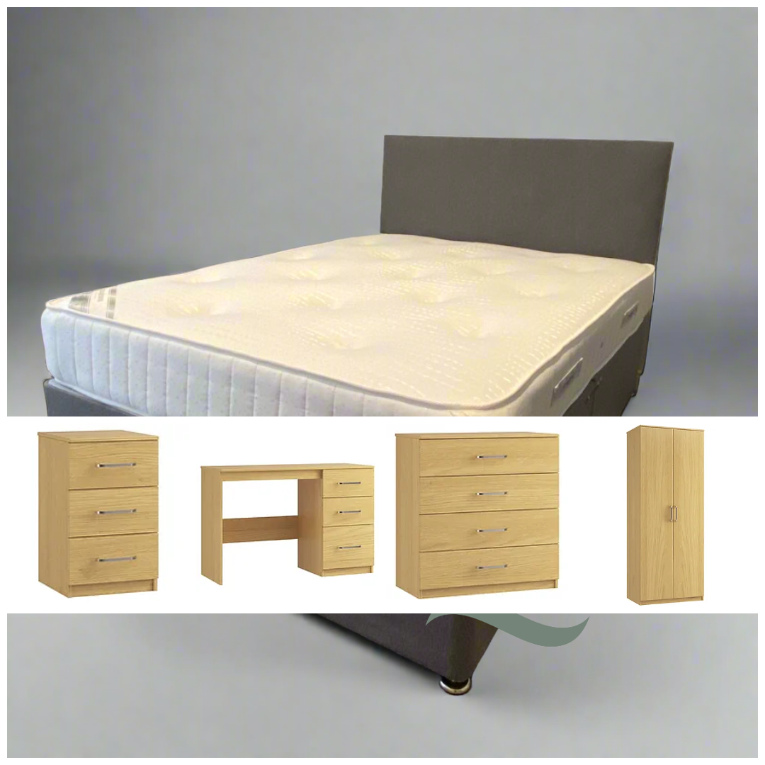 Image of our premium landlord furniture package. This includes, Bed, divan base, headboard, 3 drawer bedside, 2 door wardrobe, 4 drawer chest of drawers, 3 drawer single pedestal desk. Built for landlords who may be on a budget for their project.