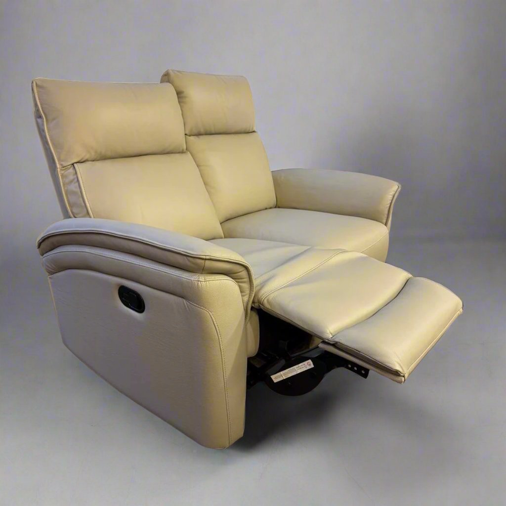 Real leather 'Milan' 2 Seater recliner sofa pictured reclined. Build for comfort to lay completely flat and relax.