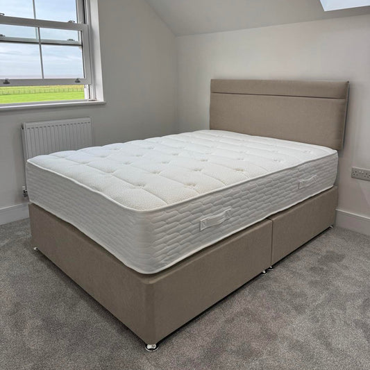 Pictured, the Revenna Tencel Ortho Divan Bed Set. Top quality mattress with reinforced edges, on a sleek but strong divan base on chrome glides. Free tall strutted headboard included. Available to order to be made at Quality Plus Furniture - Lancaster, Lancashire, UK