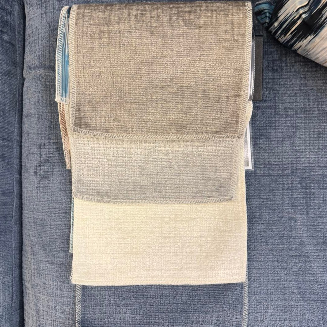 Swatch book for our made to order Mel range. Mink, Ash, Denim Blue, Chalk. Available to view at Quality Plus Furniture in Lancaster, Lancashire, UK