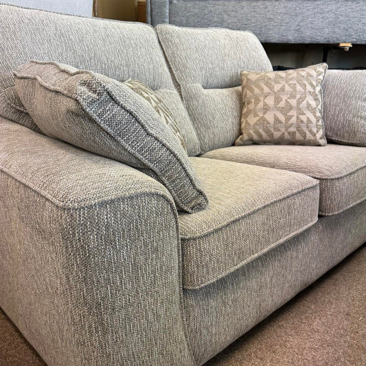 Ex display 'Burghley' sofa bed made by Sweet Dreams UK located in Burnley, Lancashire, England. Close up image of the colour and quality fabric used. Top quality sofa bed made in the UK. We are official Sweet Dreams UK stockists in Lancaster and Morecambe Lancashire.